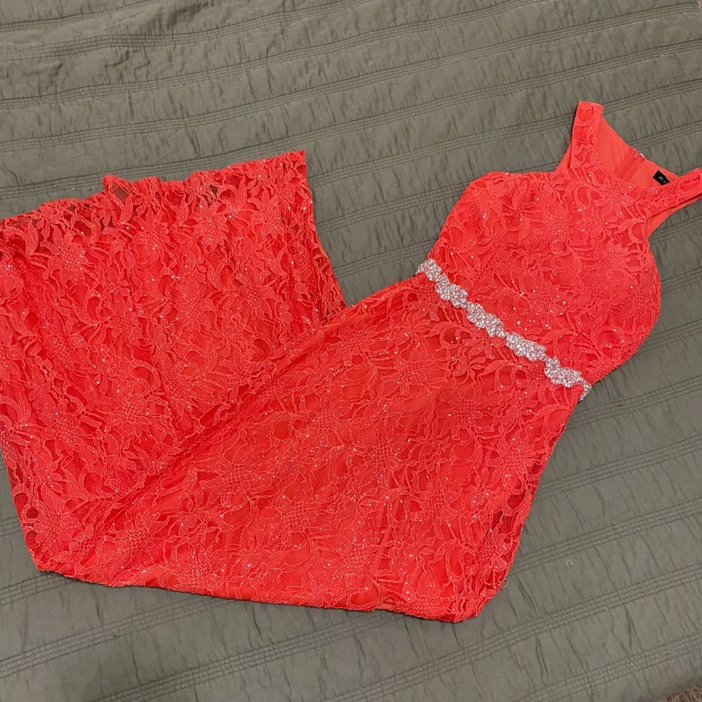 Jodi Kristopher Coral Lace Prom Dress